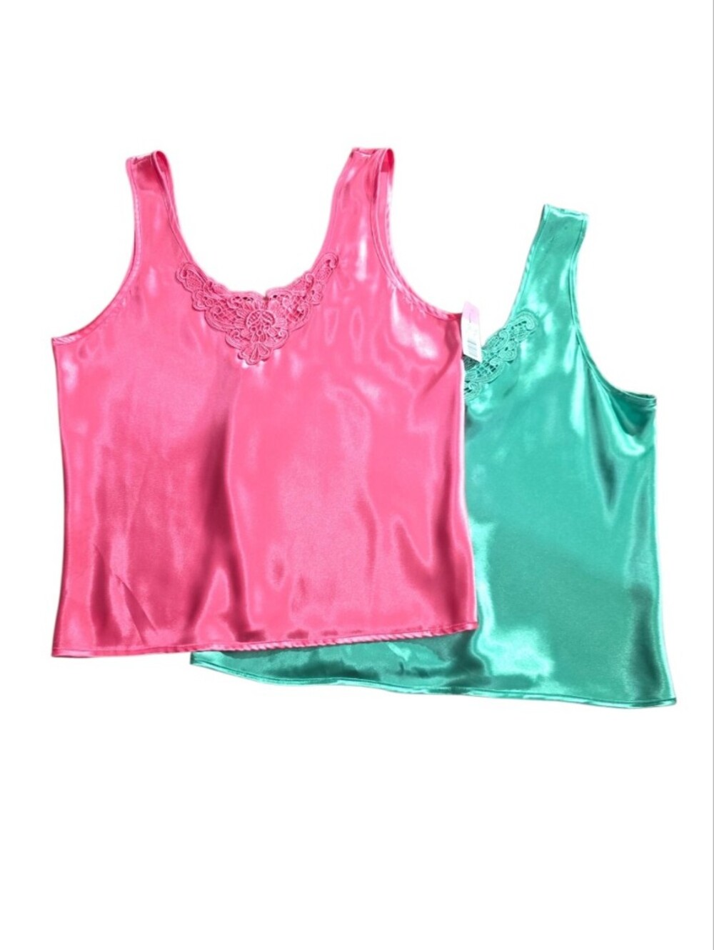 Set Of 2 Escapades Cami Tops Large Pink Green Satin Tank Top
